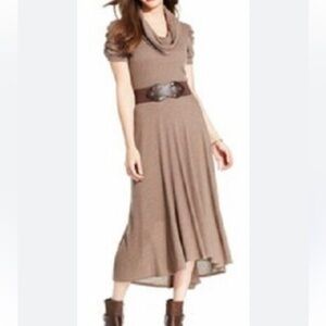 R & M Richards women’s cowl neck belted fit and flare knit dress S/S taupe brown